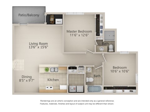 Floor plan for 2 beds, 2 baths, 880 sqft